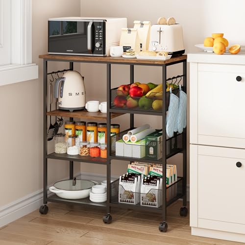 SWTYMIKI Kitchen Island Cart on Wheels - 28.35x14.57in Rolling Kitchen Table Cart with Storage Shelves, 6 Removable Hooks& Locking Casters, Coffee Bar Cabinet for Dining Room Pantry Office, Espresso - size: 28x14.57in, style: Espresso