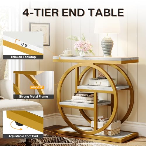 Tribesigns End Table for Living Room, Modern Faux Marble Narrow Side Table with Storage Shelves, 4-Tier Bedside Table for Bedroom, Small Sofa Side Table with Geometric Metal Frame (1 PC, White & Gold) - color: White & Gold