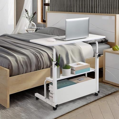 Adjustable Height Rolling Laptop Desk White Storage Drawer Side Table | 28-40in Height Adjustable,Rolling Wheels,Storage Drawer & Shelf,Waterproof Tabletop,Multi-Purpose Bedside Office Desk - color: White
