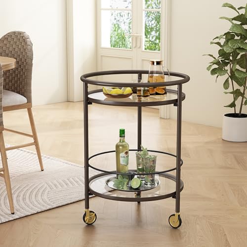 GDFStudio Modern Coffee Brown Round Bar Cart with Dual Tempered Glass Shelves, Gold Metal Accents and Lockable Casters, Rolling Beverage Serving Cart for Living Room, Dining Room or Kitchen - color: Coffee