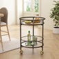 GDFStudio Modern Coffee Brown Round Bar Cart with Dual Tempered Glass Shelves, Gold Metal Accents and Lockable Casters, Rolling Beverage Serving Cart for Living Room, Dining Room or Kitchen - color: Coffee