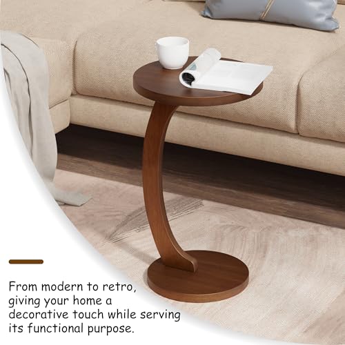 COZAYH C Shaped Round End Table for Couch Small Place, Space Saver Side Table for Sofa, Living Room, Bedside Area, Coffee and Eating Snack Tray, Walnut Color - color: Walnut