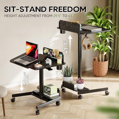 JOY worker Mobile Standing Desk, Rolling Tilt Adjustable Laptop Desk, Black | 28" Partial 60° Tiltable MDF Board, Height Adjustable, DIY Pegboard & Storage Base, 4 Lockable Wheels, Home Office Classroom - color: Black