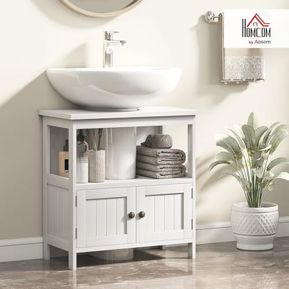 kleankin Pedestal Sink Storage Cabinet, Bathroom Under Sink Cabinet with 2 Doors and Open Shelf, Bathroom Vanity, White - color: White