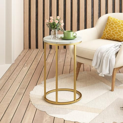 Function Home C Table End Table, Marble C Shaped Sofa Side Table, Couch Tables that Slide Under, Snack Accent Table for Living Room Bedroom Small Space, Marble Top and Gold Metal Frame - color: Round Gold