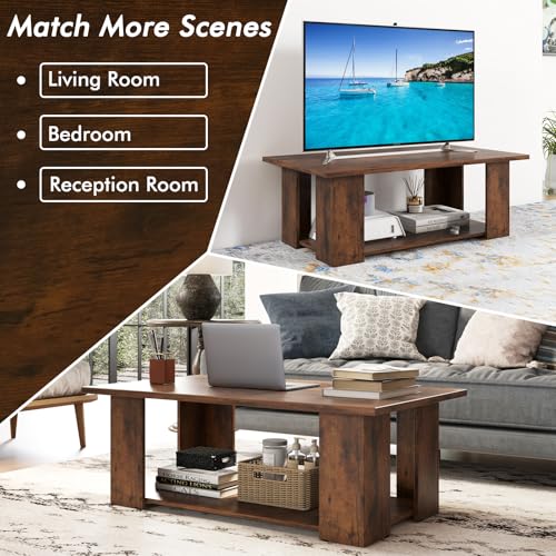 Tangkula 2-Tier Coffee Table, Modern Rectangular Center Cocktail Table with 5 Support Legs, Wooden Accent Living Room Furniture, Small Coffee Table for Small Spaces, Easy Assembly (Rustic Brown) - color: Rustic Brown