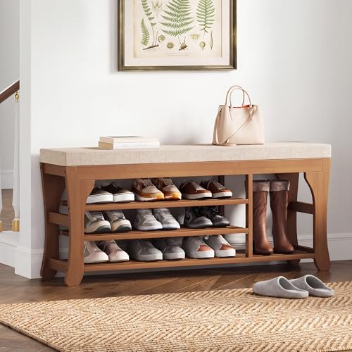 PETKABOO 39.4" Shoe Storage Bench with Cushion, 3-Tier Shoe Rack Bench with Adjustable Shelf, 400 LB Capacity, Boot Storage Compartment, Shoe Organizer for Entryway, Hallway, Bedroom, Closet - size: 39.4" with Boot Slot