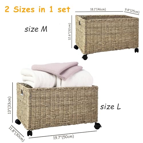 PEMAR Set of 2 Nesting Natural Wicker Rolling Storage Baskets on Wheels with Insert Handles, Under Table Under Desk Woven Storage Bins, Mobile File Cabinet Organizer, Seagrass, Sizes M and L