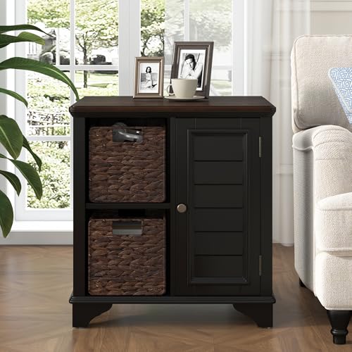 Multifunctional End Table Side Table with a Shutter Style Door and 2 Woven Grass Baskets, Sofa Side Narrow Table, Wood Bedside Nightstand for Living Room Bedroom (Black-4.7) - color: Black-4.7
