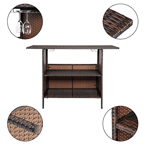 54.7" Patio Wicker Sideboard Buffet Cabinet Prep Table,All Weather Patio Rattan Wicker Bar Table,Outdoor Patio Bar Table,with Storage Shelves,for Party Porch Backyard Garden Poolside (Brown)