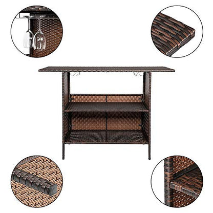 54.7" Patio Wicker Sideboard Buffet Cabinet Prep Table,All Weather Patio Rattan Wicker Bar Table,Outdoor Patio Bar Table,with Storage Shelves,for Party Porch Backyard Garden Poolside (Brown)