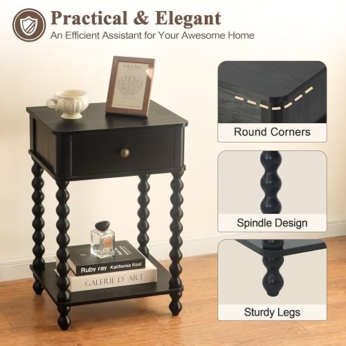 AWASEN Black Nightstand, Bedroom Side Table with Drawer for Living Room, Small Bedside End Table with Spindle Wood Legs for Bedroom, Office, Black - color: Black