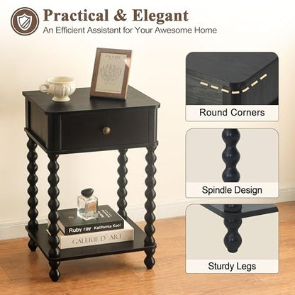 AWASEN Black Nightstand, Bedroom Side Table with Drawer for Living Room, Small Bedside End Table with Spindle Wood Legs for Bedroom, Office, Black - color: Black