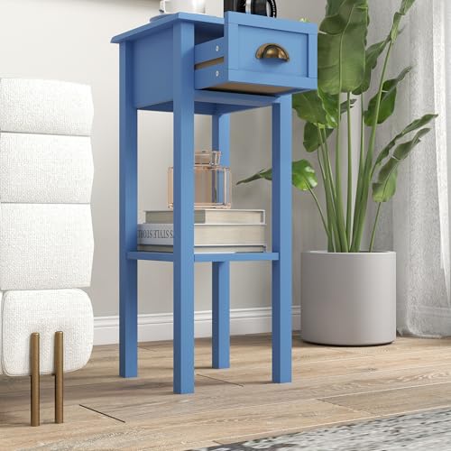 HOMCOM Narrow End Table with Drawer and Bottom Shelf Set of 1 Light Blue | Tall Telephone Table, Skinny Modern Design, for Small Spaces, Living Room - color: Light Blue