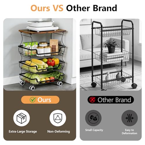 Utility Rolling Cart 4-Tier Metal Storage Organizer Cart with Wooden Top Snack Rack Pantry Cart with Wheels for Kitchen, Bathroom, Office, Bedroom, Living Room, Black - size: 4-Tier