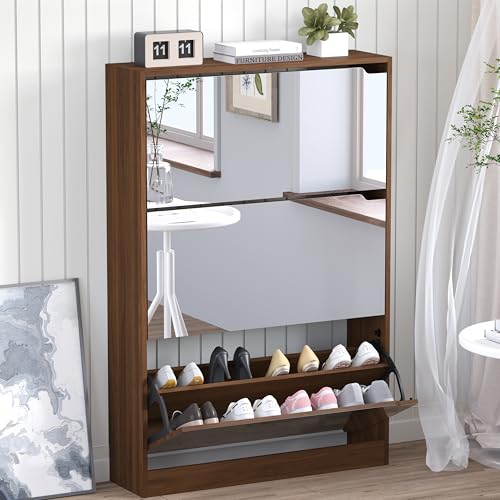 BORNOON Shoe Cabinet with 3-Flip Mirror Drawers, Freestanding Shoe Rack Organizer with Hidden Handle, Slim Narrow Shoe Storage Cabinet for Entryway, Entrance, Hallway, Bedroom - color: Walnut, size: 3 Drawers-Mirror