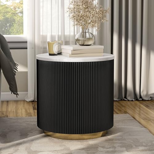 Furniture of America Beryl Modern Round White Genuine Marble Top End Table with Fluted Pedestal Base and Gold Stainless Steel Accent, Low Profile Table for Living Room, Home Office, Black - size: End Table, style: Round