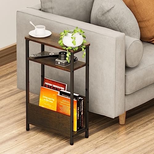 THUMEYE 7.1" Narrow Side Table for Small Spaces, 3 Tier Small End Table with Magazine Holder, Slim/Skinny Nightstand/Bedside Table for Living Room, Bedroom, 15.4" L x 24.2" H - color: Rustic Brown