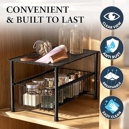 Simple Houseware Stackable Under Sink Cabinet Sliding Basket Organizer Drawer, Black - color: Black