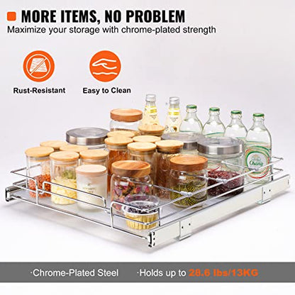 VEVOR 15.5" Wx21 Dx3.5 H Pull Out Cabinet Organizer, Heavy Duty Slide Out Pantry Shelves, Chrome-Plated Steel Roll Out Drawers, Storage for Home Under Sink, 17" Wx22 Dx7 H Install Size for Cabinet - size: 15.5"Wx21"D