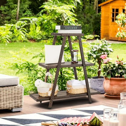 Outdoor Plant Stand for Patio 3 Tier Plant Stand Shelf with Wicker Poly Lumber Flower Stand Holder Tiered Multi Ladders Plant Holder Display Rack with Adjustable Feet for Outside Balcony Porch Brown
