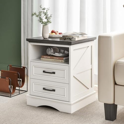 Fluest 24" Tall Farmhouse Nightstands Set of 2, Night Stands with Fast Charging Station, Beside Tables with Drawers and Open Storage, Rustic End Tables for Bedroom, Antique White - color: Antique White