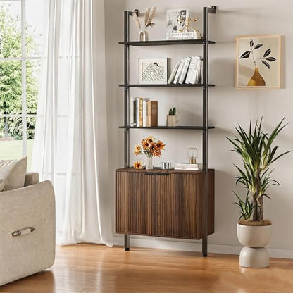 INNOD 74" Tall Bookshelf with Storage Cabinet, Modern Ladder Shelf with Wood and Metal Frame, Wall Mount Bookcase Open Display Shelf Furniture for Living Room, Bedroom, Home Office, Walnut - color: Walnut