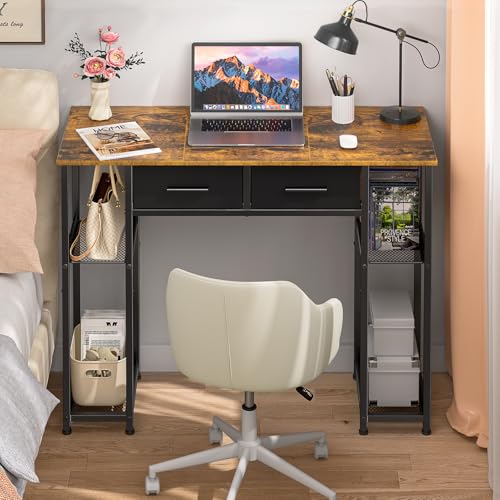 DAOUTIME Computer Desk with Drawers, 37.3 Inch Home Office Work Desk with Storage Shelf, Kids Teens Study Table for Small Space, Small Writing PC Table for Bedroom Makeup Vanity Desk, Brown - color: Brown