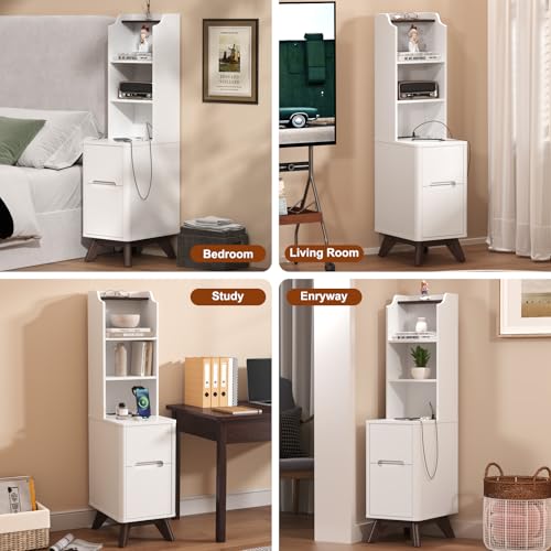 Tall Nightstand Set of 2 w/Charging Station, Narrow Nightstand w/Bookshelf | 47" Modern Side Table with 2 Drawers, Adjustable 4 Open Shelves, Wooden End Table Bedside Table for Bedroom (White) - color: White, size: Tall (2 drawer)