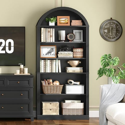 RALGEND Arched Bookshelf, 75.8" Tall Arch Bookcase with Storage, 6-Tier Farmhouse Book Shelf, Arched Cabinet, Wooden Bookshelf with Open Display Shelves, Adjustable Shelf, Office, Black - color: Black, size: 31.4"L x 11.8"W x 75.8"H