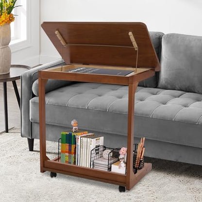 Modern C-Shaped End Table, 2 Tier Sofa Side Table with Wheels and Adjustable Desktop Small TV Tray Tables for Living Room Bedroom Apartment (Walnut, 60cm) - color: Walnut, size: 60cm