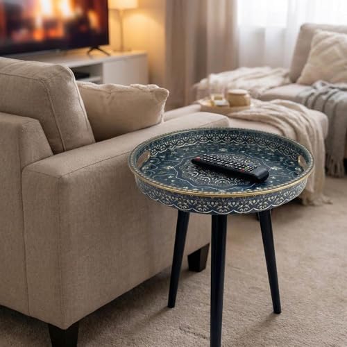 Round Indoor Side Tables with Detachable Wooden 3 Legs, Versatile Tray Table, Perfect for Round Coffee Table Tea, and Relaxation Time 17.7 Inch (33 Blue Maze) - color: 33 Blue Maze