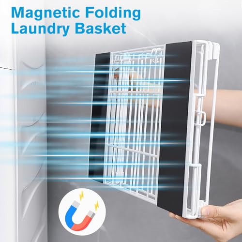 Magnetic Collapsible Laundry Basket, Foldable Metal Laundry Hamper for Washing Machine Side, Space Saving Pop Up Hamper, Laundry Room Organization and Storage (White) - color: White