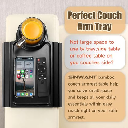 Couch Cup Holder Tray,Foldable Sofa Arm Clip on Tray Table with 360° Rotation Cup Holder,Bamboo Anti-Slip Couch Armrest Table for Coffee Cup,Water Bottles,Mug,Snacks,Remote on Large Armrest - color: Black