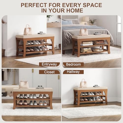 PETKABOO 27.6" Shoe Storage Bench with Cushion, Bamboo Shoe Rack Bench, 2-Tier Entryway Shoe Organizer, Supports up to 350 LB, for Hallway, Bedroom, Closet, Living Room - size: 27.6"