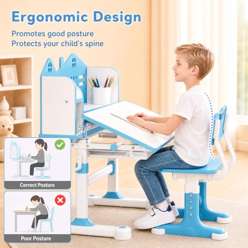 Kids Desk and Chair Set, Height Adjustable Child's School Study Writing Tables, Kids Desk with Bookstand and Storage Drawer, Widened Desktop with Desktop for Boys and Girls (Blue-A-MAX) - color: Blue-a-max