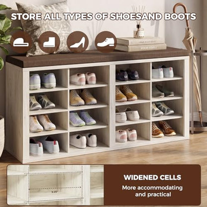 ITEFDTUTNE Shoe Rack Bench 40.94" Entryway Bench with Shoe Storage 16 Cubby Wood Shoe Organizer Bench with Removable Cushion for Hallway, Living Room, Bedroom and Garage - color: White+brown