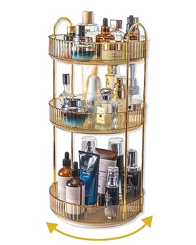 Asayuee 360 Rotating Makeup Organizer for Vanity,3 Tier Large Capacity Vanity Storage,Skincare Perfume Spinning Organizer,Bathroom Cosmetics Storage Makeup Stand Organizer (Gold-3 Tier) - color: Gold, size: 3 Tier