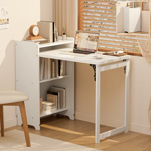 Bamboo Folding Desk for Small Spaces with Storage, Foldable Mid Century Modern Drop Leaf Desk, Vintage Fold Out Hideaway Small Desks for Bedroom or Home Office, White - color: White