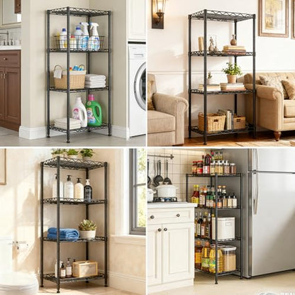 4-Tier Wire Shelf Metal Rack, Narrow Wire Shelving Unit, Small Wire Shelf | 17.3"Wx11.4"Dx44.3"H,Height Adjustable Storage Pantry Shelves with Lockable Wheels for Kitchen Office,Bathroom Small Spaces - color: 4-tier Black-17.3"x11.4" X44.3"(wxdxh)