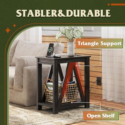 WLIVE Narrow Black End Table with Charging Station of Open Storage Shelf, Sofa Side Table with 2 USB Ports and 2 Power Outlets, Slim Farmhouse End Table for Small Spaces, 11.8" D x 23.6" W x 23.74" H - color: Charcoal Black