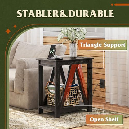 WLIVE Narrow Black End Table with Charging Station of Open Storage Shelf, Sofa Side Table with 2 USB Ports and 2 Power Outlets, Slim Farmhouse End Table for Small Spaces, 11.8" D x 23.6" W x 23.74" H - color: Charcoal Black