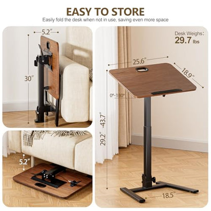 25 Inch Mobile Foldable Standing Desk for Home Office, Brown | 180 Tiltable Desktop, Height Adjustable, No Assembly Computer Workstation, Portable Rolling Laptop Table, Sit-Stand Desk - color: Brown
