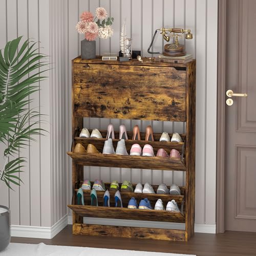 Wodeer Narrow Shoe Cabinet for Entryway, Slim Shoe Storage Cabinet with 3 Flip Drawers, Hidden Wood Shoe Cabinet Storage, Freestanding Shoe Rack Organizer Foyer, Hallway, Brown - color: Brown, style: Hidden 3 Drawers