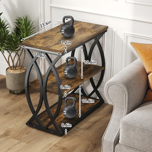 End Table, Narrow Side Table, 3-Tier End Table with Metal Frame, Living Room Side Table with Storage for Couch, Sofa, Bedroom, Small Spaces, Easy Assembly, 23.6"D*11.8"W*23.6"H, Rustic Brown