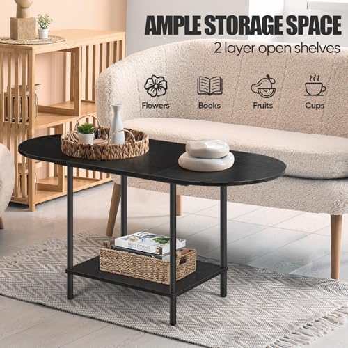 Black Coffee Tables for Living Room,Mid Century Oval Small Center Table with Storage Shelf and Wood Tabletop,2-Tier Farmhouse Low Cocktail Tea Table for Small Space,Apartment - color: Black