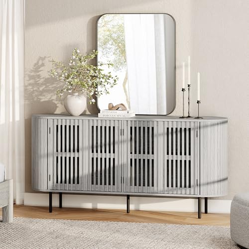 WAMPAT 64.4" Fluted TV Stand, Wood Entertainment Center for TVs Up to 70 inches, Curved Edge Media Console Table with Doors and Shelves for Living Room, Bedroom, White Washed - color: White Washed