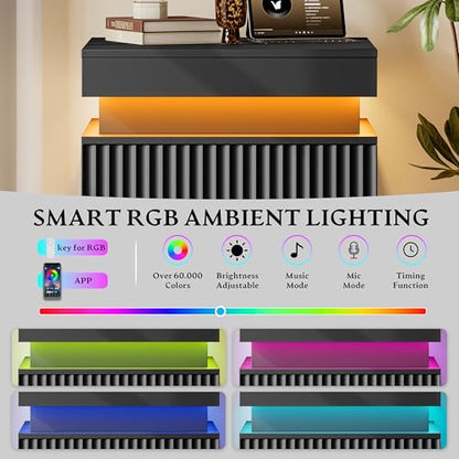 Xixini Nightstand with Charging Station and RGB LED Lights, Fluted 3-Drawer Bedside Table with Sliding Top, Wooden End Table for Bedroom, Living Room, Black - color: Black