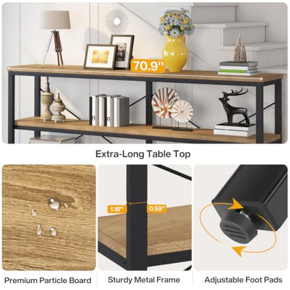 Tribesigns 71" Sofa Tables,Extra Long Couch Table, Narrow Long Console Table, Entryway Table,Sofa Table with 3 Tiers Storage Shelves (Light Brown) - color: Light Brown