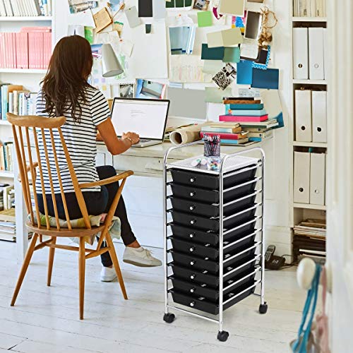 BETTARY Office Rolling Storage Cart with 10 Drawer, Scrapbook Paper Office School Organizer with Lockable Casters, Multipurpose Mobile Storage Cart for Supermarket, School, Office, Home (Black)